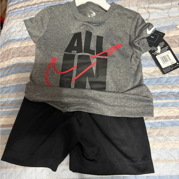 Nike Grey Tee with Red Swoosh & Black Shorts Set - Picture 2 of 2